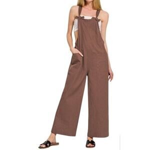 ZENANA BROWN WOVEN KNOT STRAP RELAX OVERALLS JUMPER NEW